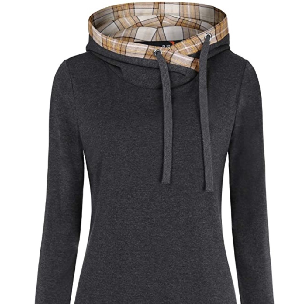 DJT Women's Funnel Neck Check Contrast Pullover Hoodie Top
